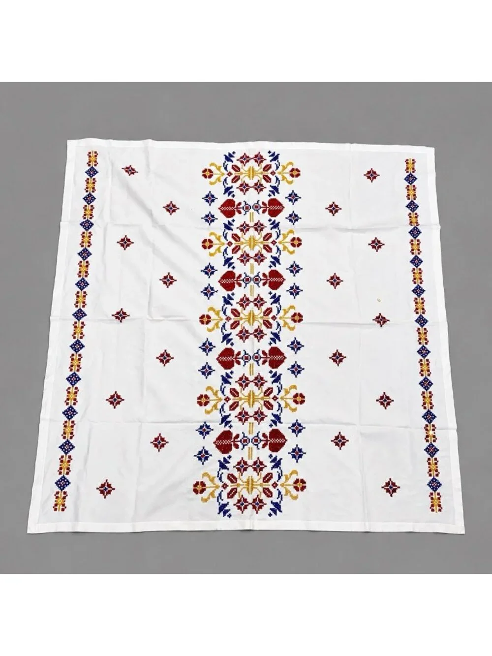 VTG Handmade Embroidered  Scandinavian Folk Art Square Linen Tablecloth 54x57